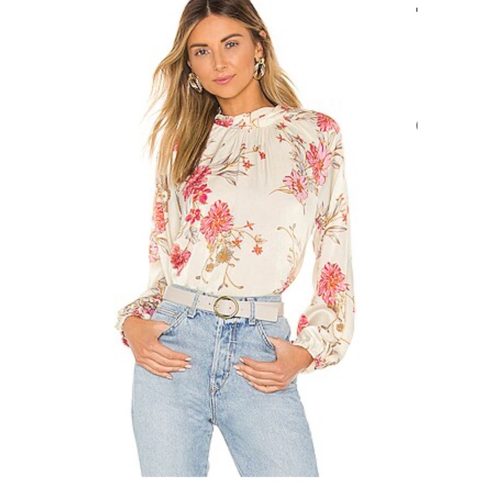 MISA Los Angeles Floral Blouse Mock Neck Long Sleeve Top Pink Size M‎